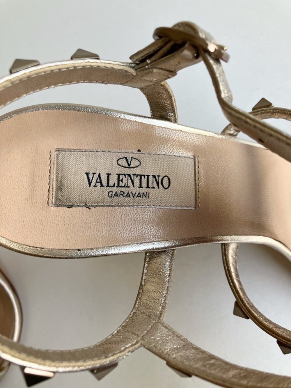 Valentino Gold Rockstud 105 Sandals Size 37 Rose Metallic Strappy Stiletto Heels - Picture 5 of 17